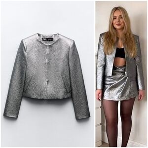 Zara Metallic Cropped Silver Blazer, NWT